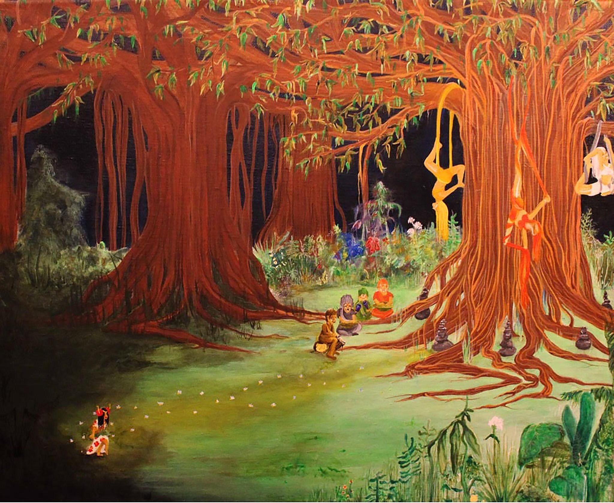 A vivid forest scene with towering orange-red trees, green pathways, and small figures