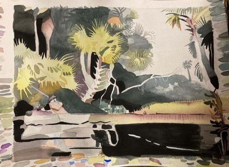 A stylized landscape with pale yellow trees, dark shapes, and layered reflections