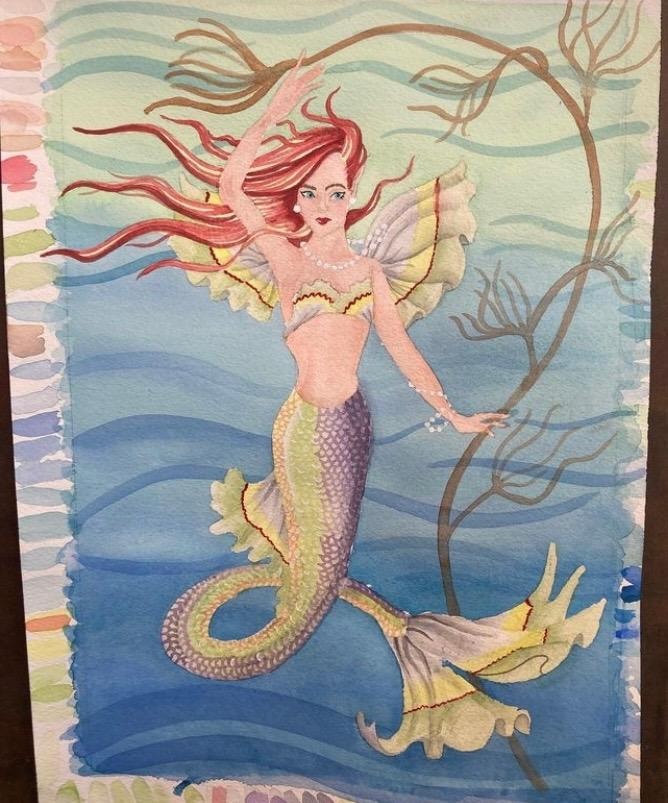 An illustrated red-haired mermaid among flowing underwater branches