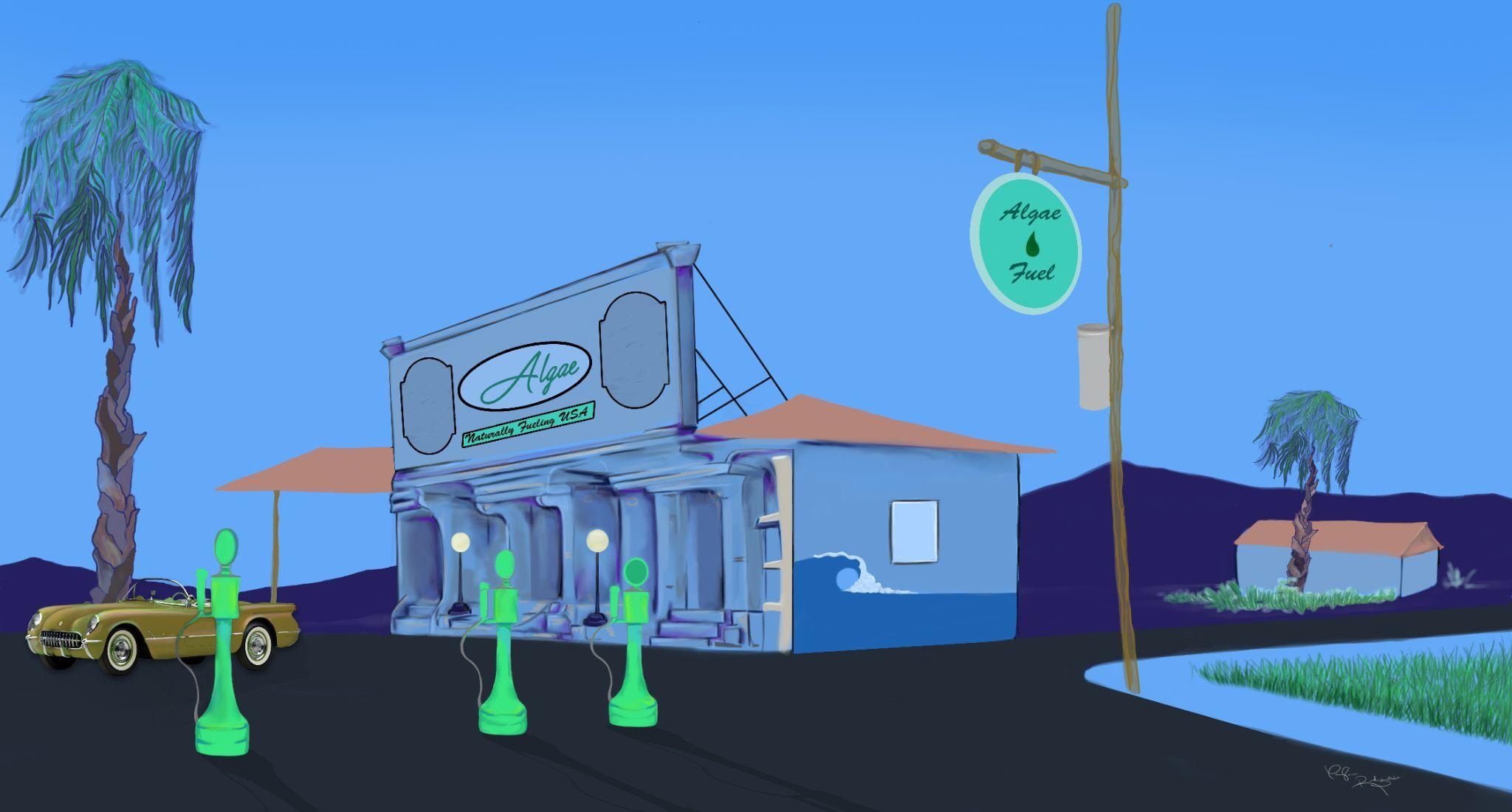 A blue illustrated renewable energy station