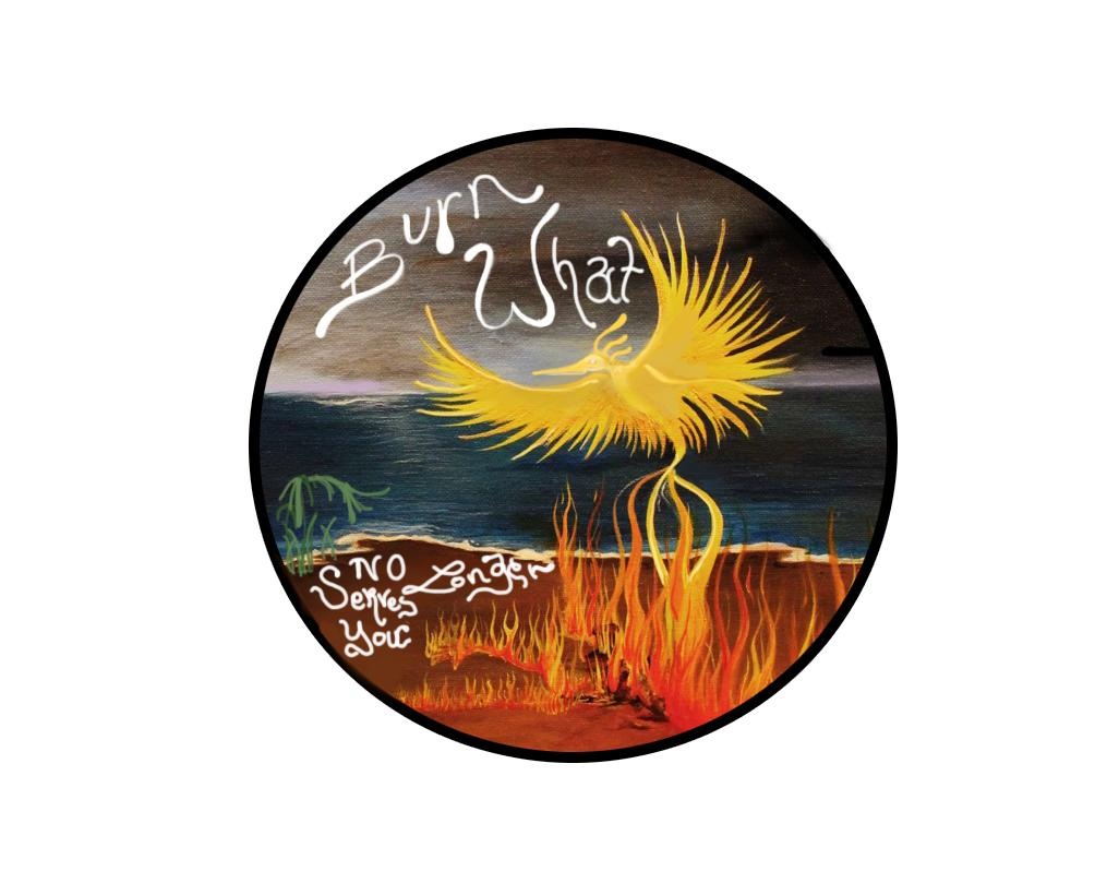 A circular composition with a phoenix and fiery landscape